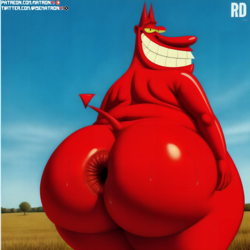 4k ai_generated anus ass bhm big_ass big_butt cartoon_network cow_and_chicken devil gaping_anus highres male male_only matronai_(artist) obese obese_male overweight patreon patreon_username pinup puffy_anus red_skin stable_diffusion the_red_guy twitter_username