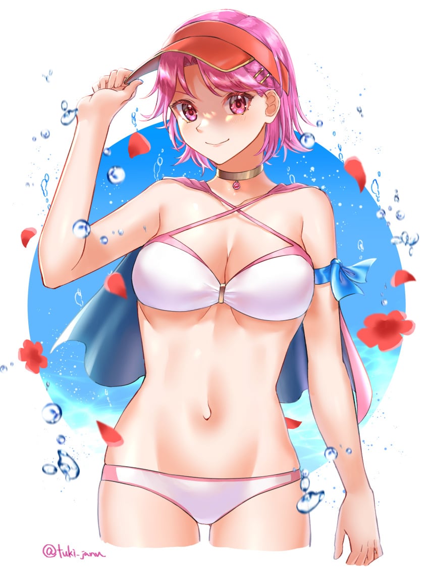 1girls absurdres alternate_costume arm_up bikini breasts capelet choker cleavage female female_only fire_emblem fire_emblem:_the_binding_blade gwendolyn_(fire_emblem) highres looking_at_viewer medium_breasts nintendo pink_eyes pink_hair red_headwear short_hair smile solo swimsuit tsukimura_(d24f4z8j3t) visor_cap white_bikini white_swimsuit