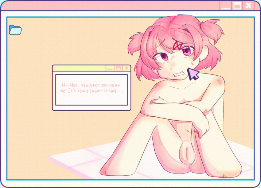 1girls bare_shoulders charmingbeep cursor doki_doki_literature_club english_text female female_only hair_intakes naked naked_female natsuki_(doki_doki_literature_club) nude nude_female nudist nudity pink_eyes pink_hair pussy solo text