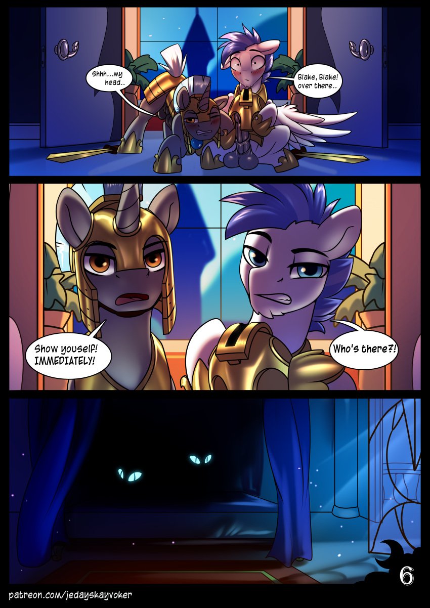 2boys 3_panel_comic absurd_res armor blue_eyes blue_hair brown_eyes comic derpibooru english_text equid equine fan_character feral fur galea glowing glowing_eyes grey_body grey_fur hair hasbro headgear helmet hi_res horn jedayskayvoker mammal my_little_pony page_6 page_number patreon_url pegasus pupils quadruped royal_guard_(mlp) slit_pupils text unicorn url white_body white_fur wings