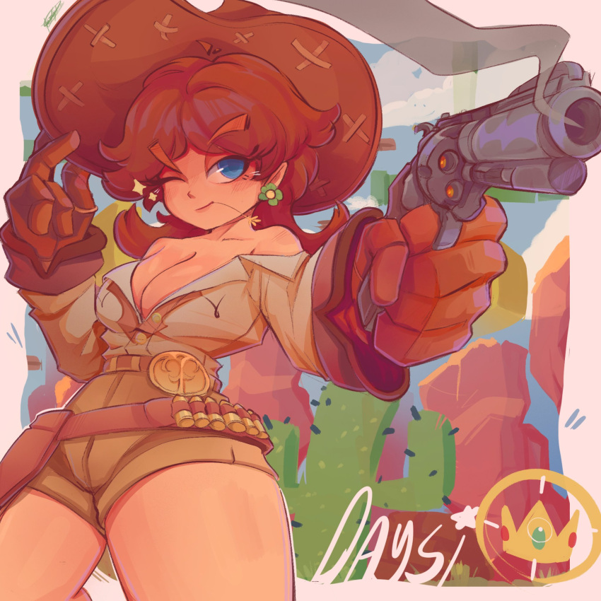 belt belt_buckle blue_eyes brown_hair bullet cleavage cool_as_fuck_hat cowboy_hat cowgirl cowgirl_outfit gloves gun mario_(series) open_shirt princess_daisy revolver shorts smoking_gun soldart thick_thighs thick_thighs_save_lives thighs wheat_in_mouth wink winking winking_at_viewer