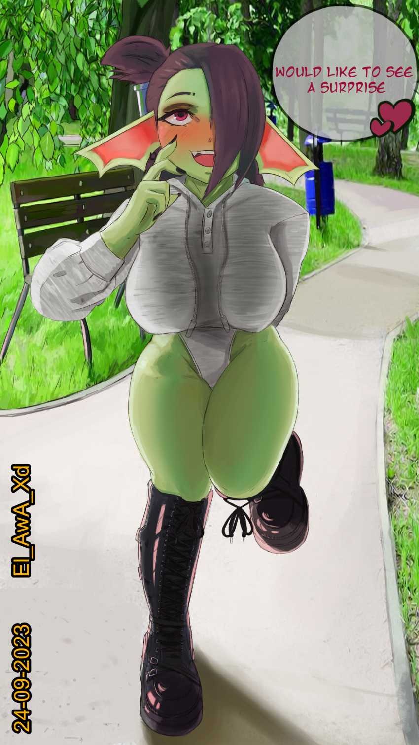 1girls absurd_res artist_name blush brown_hair detailed_background dialogue elawaxd english_text female female_only goblin goblin_female green-skinned_female green_skin hair_over_one_eye heart outdoors pointy_ears red_eyes renata_(chthune) solo speech_bubble talking_to_viewer