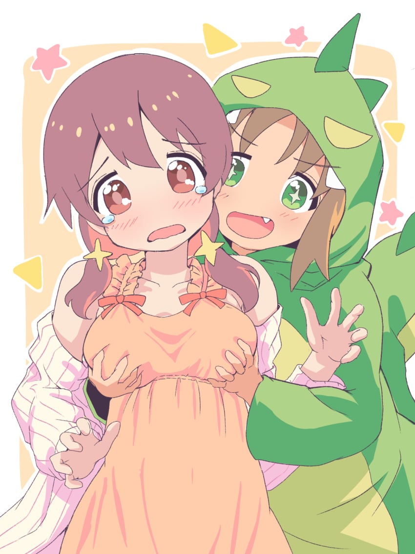 2girls bare_shoulders blush breast_grab breasts brown_eyes brown_hair collarbone grabbing_another's_breast grabbing_from_behind green_eyes large_breasts multiple_girls murosaki_miyo oerba_yun_fang oka_asahi onii-chan_wa_oshimai! open_mouth orange_dress pajamas smile tears twintails unkimo upper_body yuri