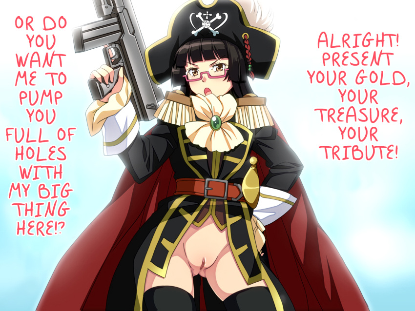 1girls ascot bangs belt bicorne black_hair black_legwear blunt_bangs bottomless cape chiaki_kurihara cravat decensored epaulettes female glasses gun hand_on_hip hand_on_hips hard_translated hat hime_cut miniskirt_pirates mouretsu_pirates open_mouth pink-framed_glasses pink_glasses pirate_hat poncho! poncho_s pussy semi-rimless_glasses solo submachine_gun sword thighhighs third-party_edit under-rim_glasses weapon