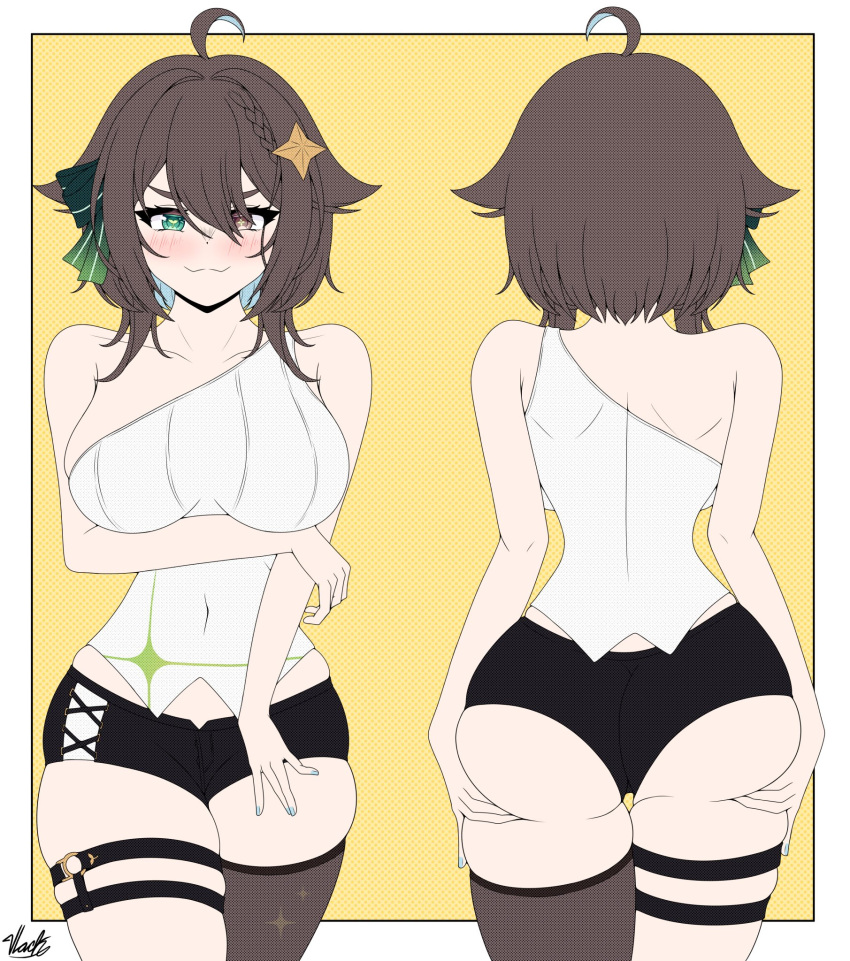 1girls arm_under_breasts back_view booty_shorts female_only former_idol_corp_member front_view grabbing_ass heterochromia idol_corp idol_es latam_virtual_youtuber looking_at_viewer meica minishorts short_hair shorts thick thick_ass virtual_youtuber vtuber