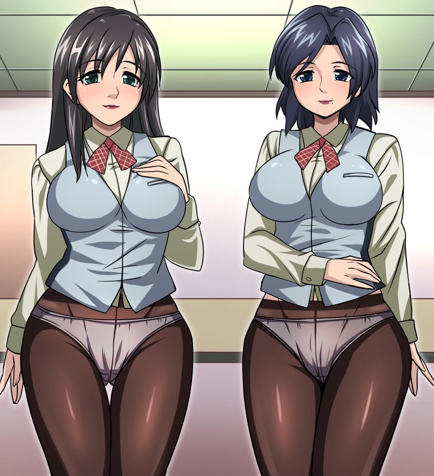 2girls absurd_res background_character background_characters bank_teller bible_black black_hair blue_eyes blue_hair blush breasts brown_pantyhose closed_mouth green_eyes hi_res indoors large_breasts looking_at_viewer multiple_girls panties panties_under_pantyhose pantyhose shirt short_hair smile underwear white_panties white_shirt yagami_(mukage)