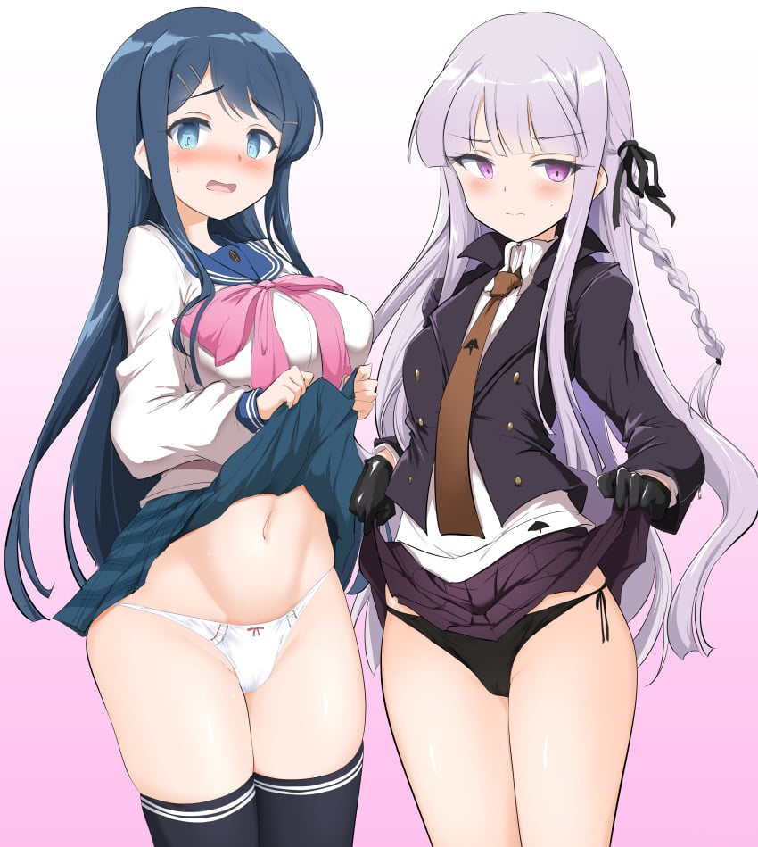 2girls black_panties blush clothes_lift danganronpa danganronpa:_trigger_happy_havoc embarrassed female female_only kirigiri_kyouko large_breasts lifted_by_self looking_at_viewer maizono_sayaka medium_breasts momio multiple_girls open_mouth panties presenting school_uniform seifuku skirt skirt_lift underwear upskirt white_panties wide_hips