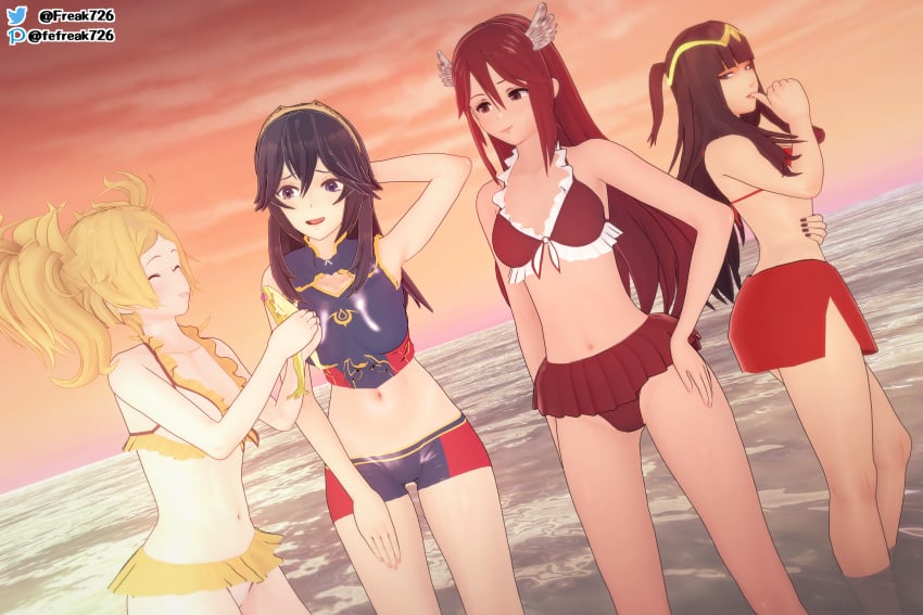 3d 4girls alternate_costume bangs bare_legs bare_midriff bare_thighs beach bikini bikini_shorts bikini_skirt biting_thumb black_eyes black_hair black_nails blonde_hair blue_bikini blue_eyes blue_hair blue_swimsuit breasts closed_eyes cordelia_(fire_emblem) fefreak726 female female_only fire_emblem fire_emblem_awakening fire_emblem_cipher frilled_bikini frog hair_between_eyes hair_ornament holding legs lissa_(fire_emblem) long_hair lucina_(fire_emblem) medium_breasts medium_hair midriff multiple_girls nail_polish navel nintendo ocean official_alternate_costume open_mouth outdoors red_bikini red_eyes red_hair red_swimsuit small_breasts sports_bikini sunset swimsuit symbol-shaped_pupils tharja_(fire_emblem) thighs tiara twintails very_long_hair white_bikini white_swimsuit yellow_bikini yellow_swimsuit