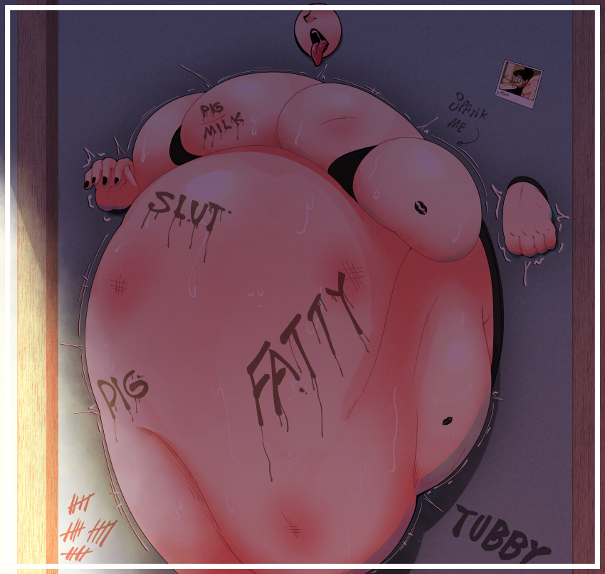 1girls 2d bbw belly big_belly big_breasts body_writing breasts cgkey1 fat fat_shaming female obese open_mouth overweight overweight_female public_use stuck_in_wall sweat tongue_out