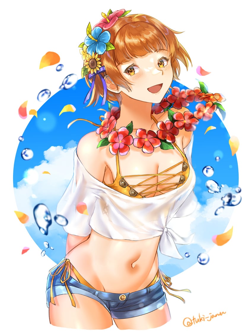 1girls :d absurdres alternate_costume bikini breasts brown_eyes brown_hair cleavage cloud denim denim_shorts dorothy_(fire_emblem) female female_only fire_emblem fire_emblem:_the_binding_blade flower hair_flower hair_ornament highres looking_at_viewer medium_breasts nintendo open_mouth short_hair shorts smile swimsuit tsukimura_(d24f4z8j3t) yellow_bikini yellow_swimsuit