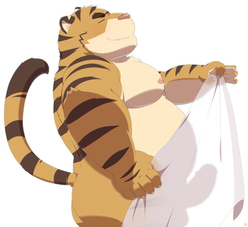 2023 absurd_res anthro barazoku belly big_belly closed_eyes felid hi_res kemono male mammal moobs nipples overweight overweight_male pantherine penis_shadow penta002 simple_background solo tiger towel white_background