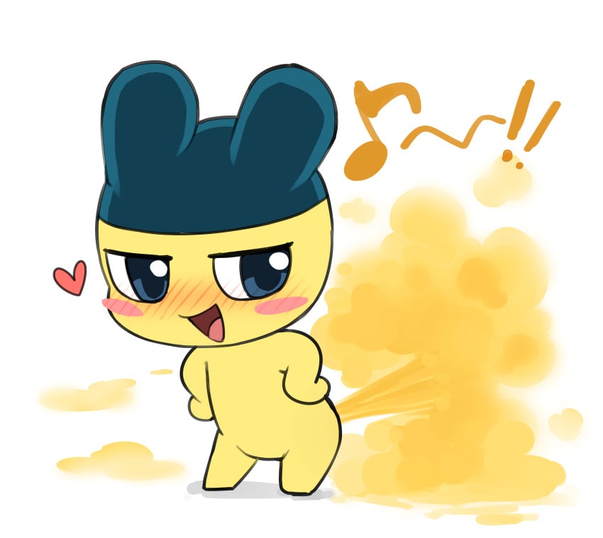 2022 absurd_res blush cub fart fart_cloud fart_fetish half-closed_eyes heart help hi_res male mametchi musical_note narrowed_eyes open_mouth open_smile riroburo simple_background smile solo standing tamagotchi tongue what white_background yellow_body