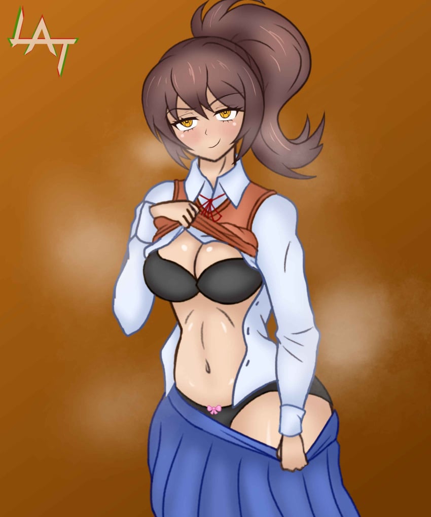 1girls artist_signature black_bra black_panties bra breasts brown_background brown_hair doki_doki_literature_club female_mc femc_(doki_doki_literature_club) genderbend genderswap genderswap_(mtf) latnemis lingerie mc_(doki_doki_literature_club!) panties ponytail rule_63 solo_female underwear yellow_eyes