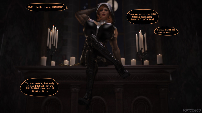 1futa 3d alternate_version_available athletic_futanari balls big_breasts breast_implants busty church church_interior dickgirl dim_lighting english_text fake_breasts flaccid flaccid_penis futa_only futanari hourglass_figure irina_solovyova_(toxiccg3d) nun orange_hair penis pinup red_eyes red_lipstick testicles toxiccg3d