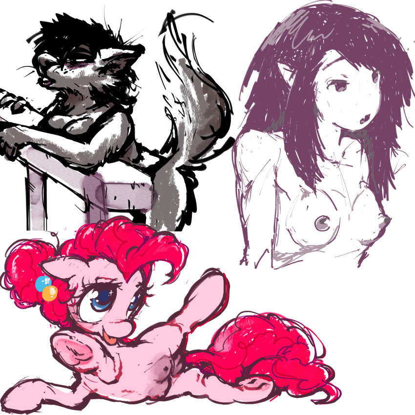 adventure_time anthro breasts canid canine canis cartoon_network clownstongue crotch_breasts crotchboobs equid equine female feral friendship_is_magic genitals group hasbro hi_res horse humanoid mammal marceline_abadeer my_little_pony nude pinkie_pie_(mlp) pony pussy trio vampire wolf