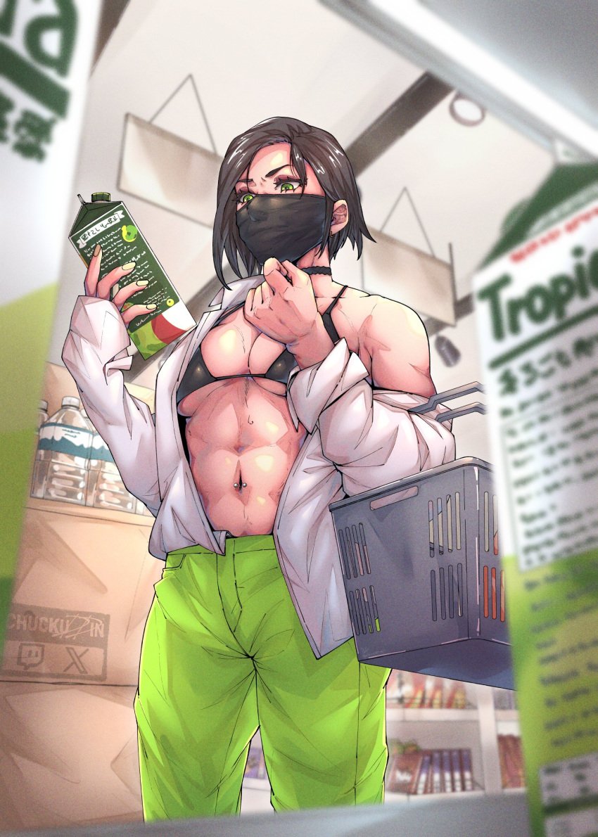 1girls abs athletic athletic_female black_hair bra breasts chuckuddin facemask female female_only green_eyes jacket light-skinned_female light_skin no_shirt shopping short_hair solo solo_female solo_focus valorant viper_(valorant)