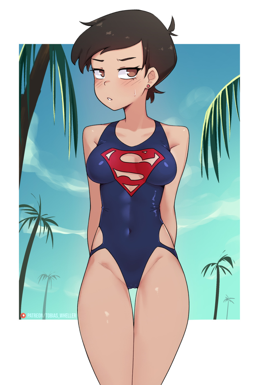 1girls alternate_version_available belly black_hair brown_eyes cameltoe dc dc_comics earrings female female_focus female_only lois_lane lois_lane_(my_adventures_with_superman) medium_breasts my_adventures_with_superman one-piece_swimsuit solo solo_female solo_focus superman superman_(series) swimsuit tagme tan_skin tan_skinned_female tobias_wheller tomboy