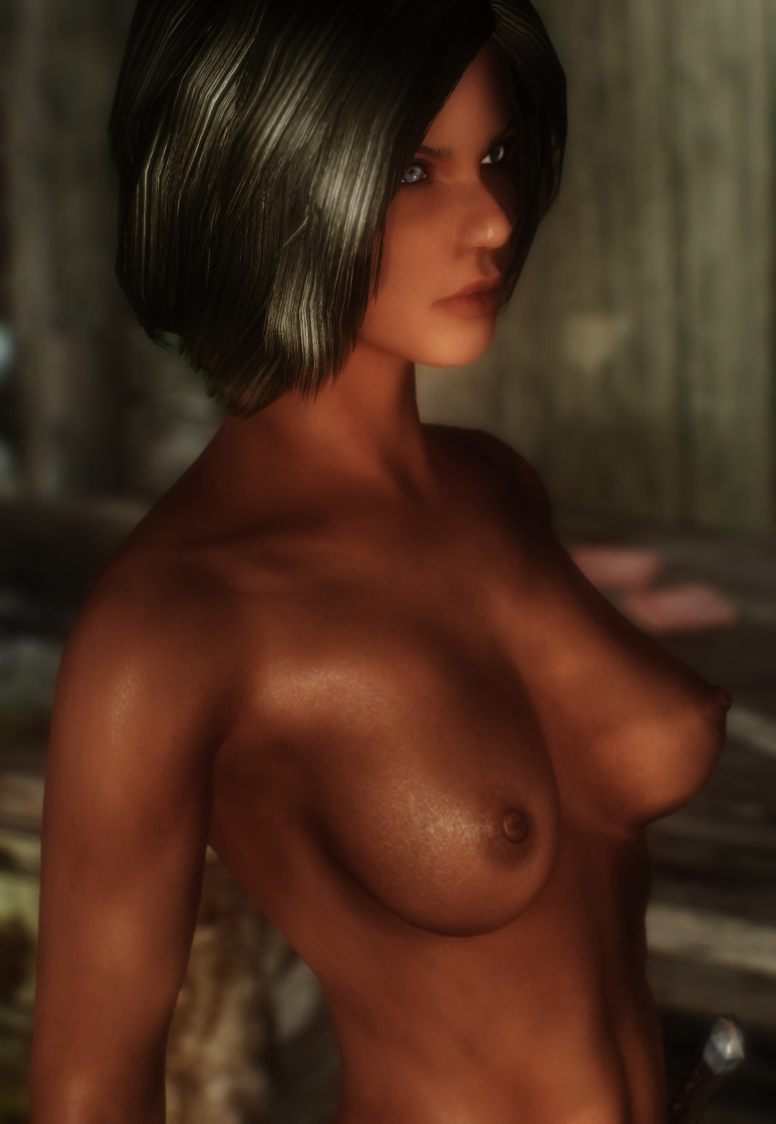 black_hair blue_eyes breasts nonstickypants nude redguard saadia scar skyrim the_elder_scrolls