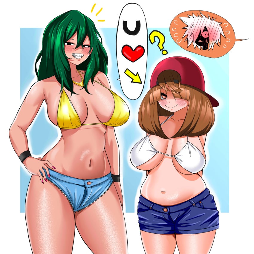 big_breasts bikini bikini_top chubby_female green_hair huge_breasts komori_kinoko my_hero_academia shihai_kuroiro shorts shortstack tokage_setsuna tuna_(artist)