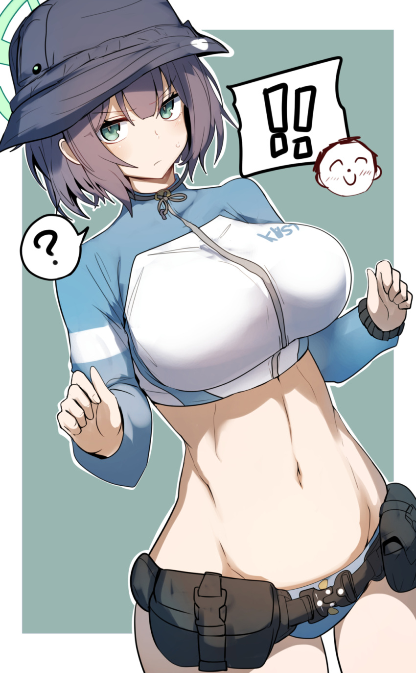 1boy 1girls 2023 ? absurd_res big_breasts bikini bikini_bottom blue_archive breasts female female_focus gin_moku green_eyes hat hips male midriff rabbit_squad_(blue_archive) saki_(blue_archive) saki_(swimsuit)_(blue_archive) sensei_(blue_archive) short_hair srt_special_academy_student swimsuit toned_female toned_stomach