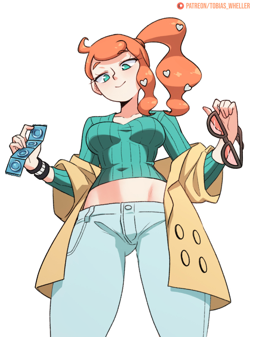 1girls alternate_version_available belly big_breasts blue_eyes breasts cameltoe clothed clothing coat condom condoms cropped_shirt female female_focus female_only fully_clothed ginger ginger_hair glasses hourglass_figure imminent_sex light-skinned_female light_skin low-angle_view nintendo orange_hair pants pokemon pokemon_ss ponytail smile smiling_at_viewer smug solo solo_female solo_focus sonia_(pokemon) sweater tagme thick_thighs thighs tobias_wheller trenchcoat