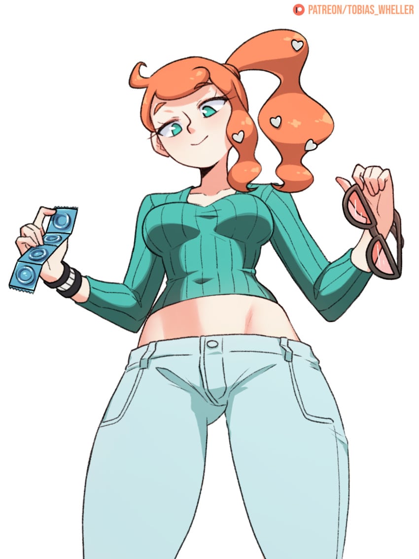 1girls alternate_version_available belly big_breasts blue_eyes breasts cameltoe clothed clothing condom condoms cropped_shirt female female_focus female_only fully_clothed ginger ginger_hair glasses hourglass_figure imminent_sex light-skinned_female light_skin low-angle_view nintendo orange_hair pants pokemon pokemon_ss ponytail smile smiling_at_viewer smug solo solo_female solo_focus sonia_(pokemon) sweater tagme thick_thighs thighs tobias_wheller