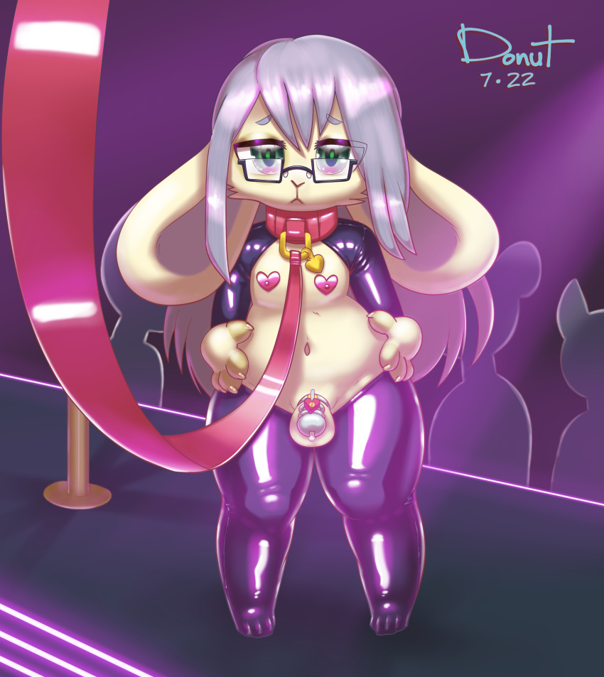 2022 chastity_device collar girly hair hi_res kolya lagomorph latex leash leporid long_hair male mammal misterdonut rabbit