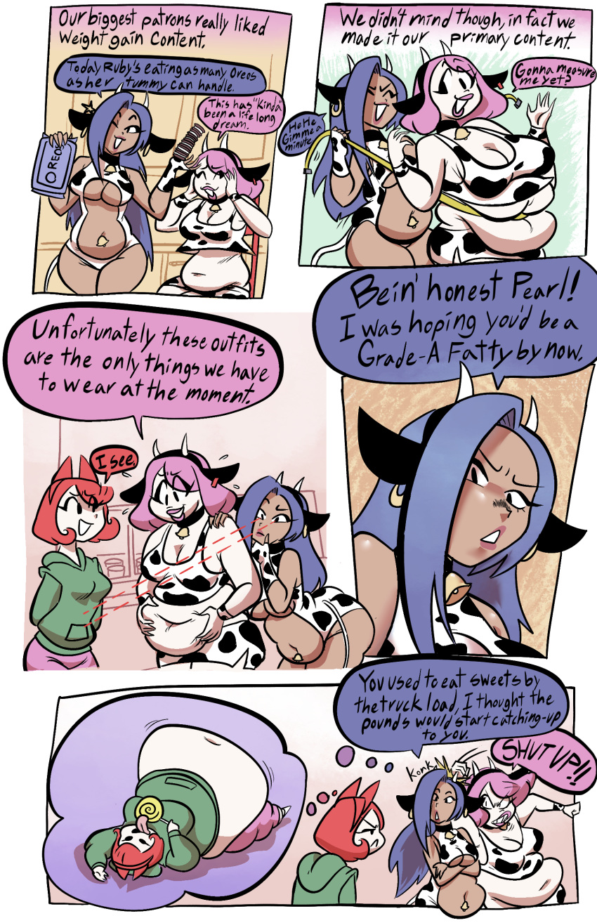 3girls bad_anatomy big_belly comic comic_page cow_print fat huge_belly joekie3wl multiple_girls oc original_character pearl_(joekie3wl) text text_bubble