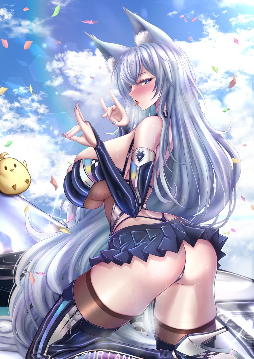 1girls absurdres animal_ears ass azur_lane boots breasts copyright_name detached_sleeves female female_only fox_ears fox_girl high_heels highres huge_breasts light-skinned_female light_skin manjuu_(azur_lane) microskirt miniskirt official_alternate_costume open_mouth outdoors purple_footwear purple_skirt race_queen sakura_empire_(azur_lane) shinano_(azur_lane) shinano_(moonlit_chrome)_(azur_lane) skirt solo studiopokotan thigh_boots thighhighs thighhighs_under_boots thong underwear whale_tail_(clothing) white_hair