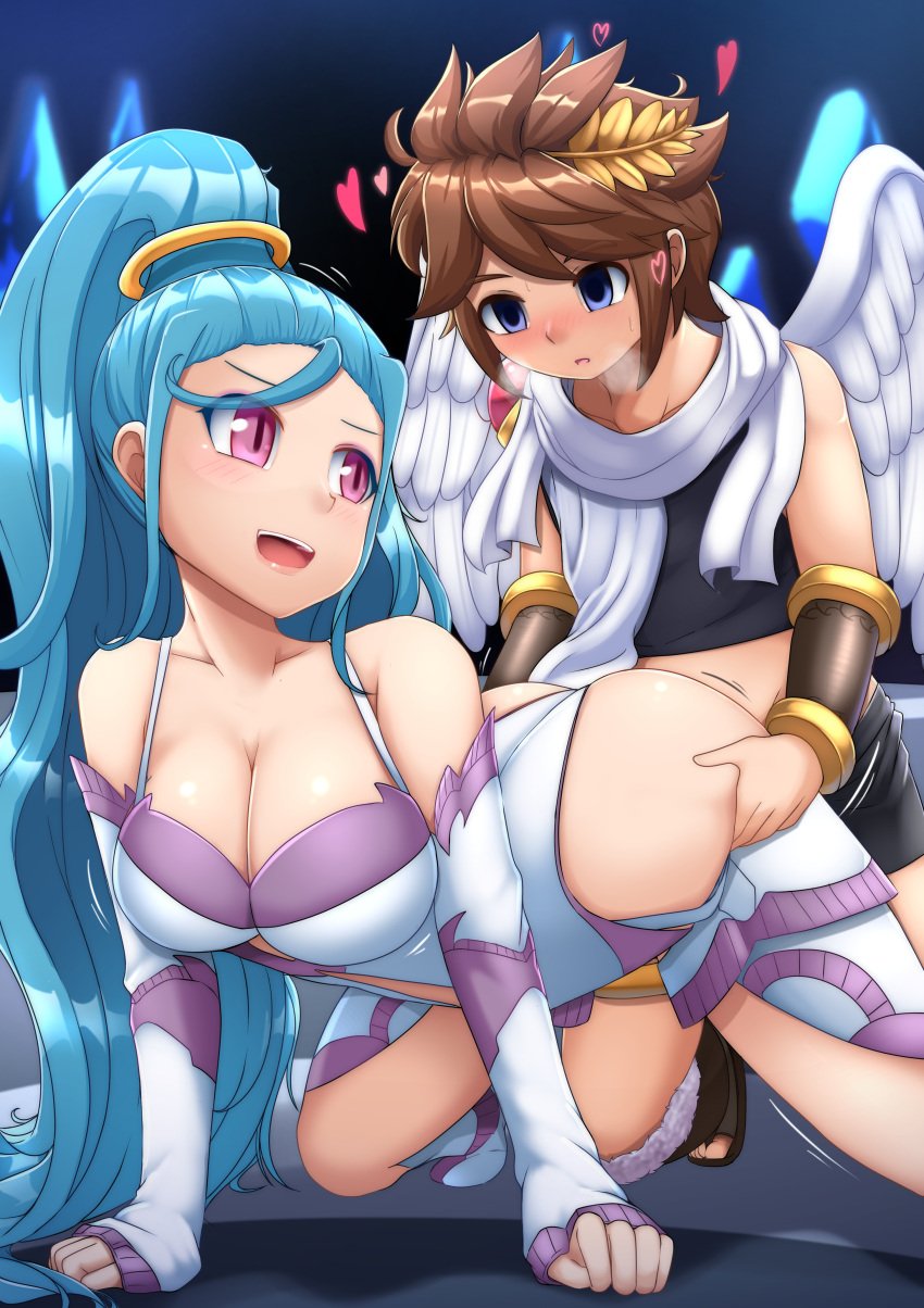 1boy 1girls amazon_pandora angel angel_wings big_breasts blue_eyes blue_hair breasts brown_hair cleavage female heart holding_ass kid_icarus kid_icarus_uprising leotard long_hair looking_at_another male nintendo pink_eyes pit pit_(kid_icarus) selvalanch sex sex_from_behind short_hair skimpy_armor tagme wide_hips