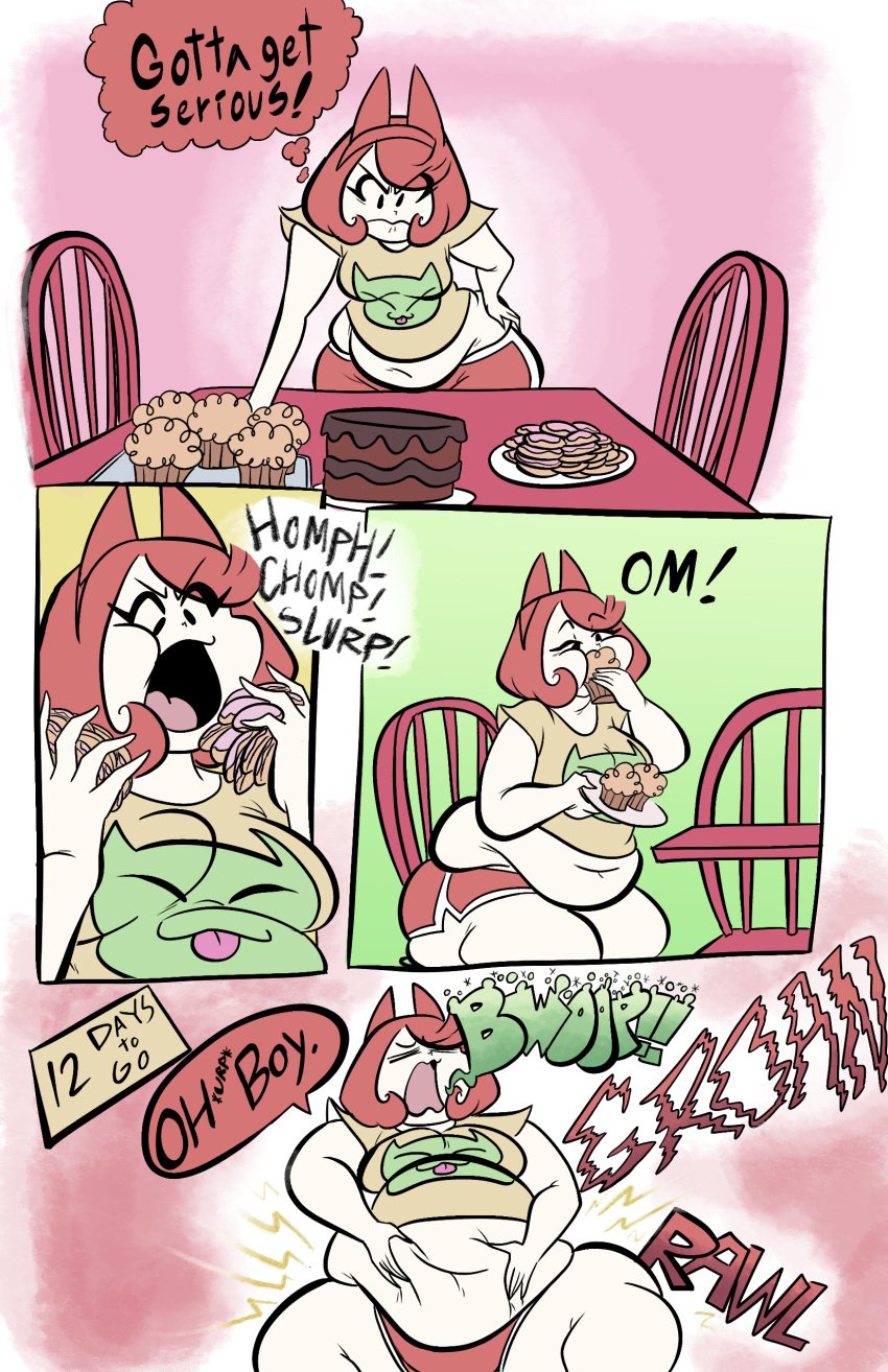 1girls bad_anatomy big_belly burp burping comic comic_page eating fat joekie3wl onomatopoeia original_character pearl_(joekie3wl) text text_bubble weight_gain