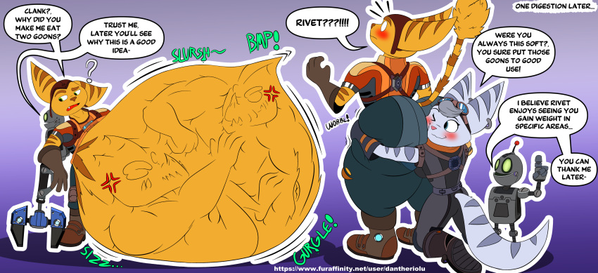 2boys ass_expansion big_ass big_belly big_butt blush blushing_male clank_(ratchet_and_clank) dantheriolu dialogue english_dialogue english_text huge_ass huge_belly huge_butt hugging_ass hugging_butt hugging_from_behind lombax lombax_(ratchet_and_clank) male male_ass_expansion male_butt_expansion male_focus male_pred male_prey post-digestion post-vore ratchet_(ratchet_and_clank) ratchet_and_clank rivet_(ratchet_and_clank) soft_vore speech_bubble surprise surprised text the_goons thick_thighs unwilling_prey vore vore_belly weight_gain