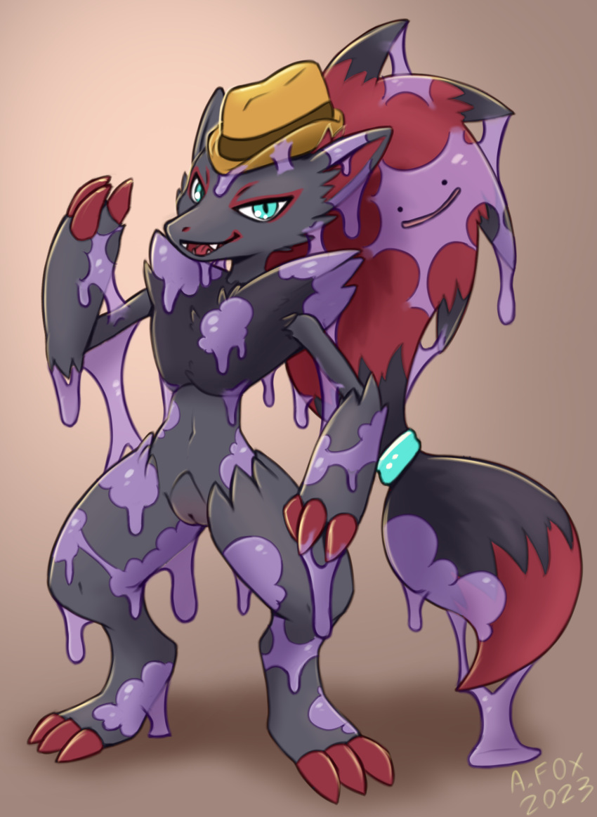 ambiguous_gender anthro clothing costume ditto_(pokemon) duo female female/ambiguous generation_1_pokemon generation_5_pokemon genitals goo_creature hat headgear headwear hi_res mr.albafox nintendo pokémon_(species) pokemon pokemon_(species) pussy zoroark