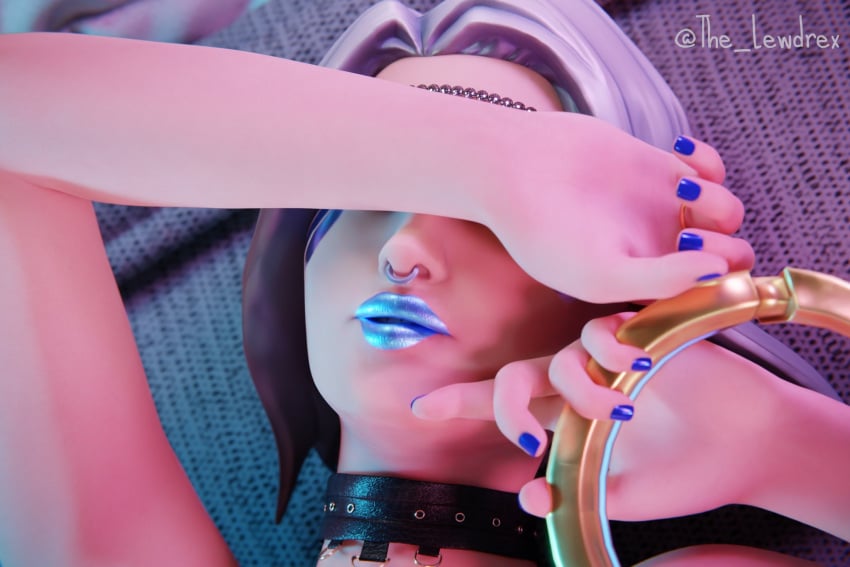 1girls 3d ark_(fortnite) bed bed_sheet bedroom blender blue_lipstick choker close-up detailed_background epic_games face_closeup face_focus female female_focus female_only fortnite fortnite:_battle_royale highres jewelry laying_down laying_on_back laying_on_bed lewdrex light-skinned_female light_skin lipstick makeup nose_piercing on_back pose posing presenting sex_toy solo solo_focus watermark white_hair