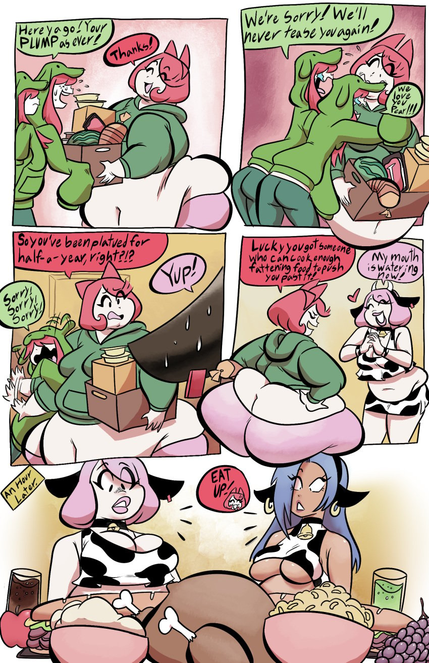 5girls ass_cleavage bad_anatomy big_breasts butt_crack comic comic_page fat fat_rolls food huge_ass huge_belly huge_thighs joekie3wl multiple_girls oc onomatopoeia original_character pearl_(joekie3wl) text text_bubble thick_thighs