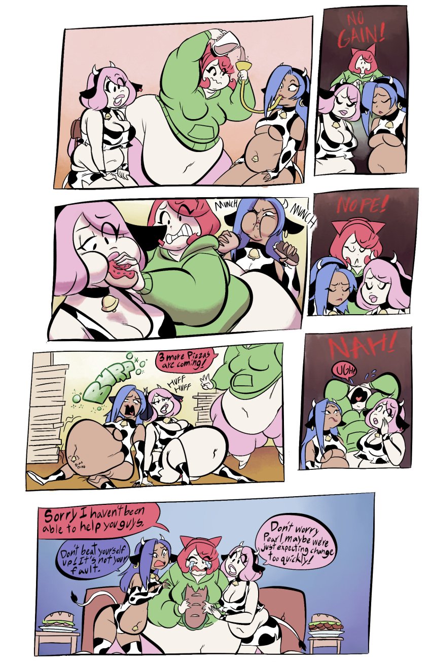 3girls bad_anatomy big_belly comic comic_page eating fat huge_belly joekie3wl multiple_girls oc onomatopoeia original_character pearl_(joekie3wl) text text_bubble weight_gain