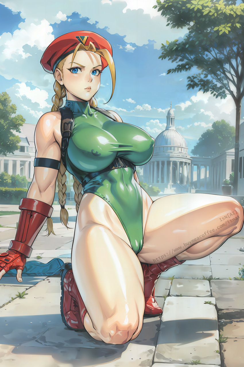 1990s_(style) ai_generated belt blue_eyes cameltoe cammy_white clouds female isnai leotard military nipples_visible_through_clothing outside red_footwear red_gloves squatting stable_diffusion street_fighter thick_thighs