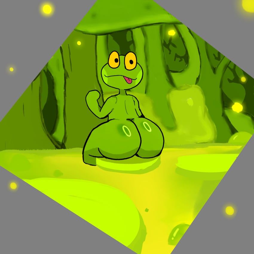 amphibian ass_focus big_butt big_eyes el_sick femboy fireflies firefly frog green_skin green_water looking_back male_only nenuphar silly_face swamp tagme_(artist) yellow_eyes