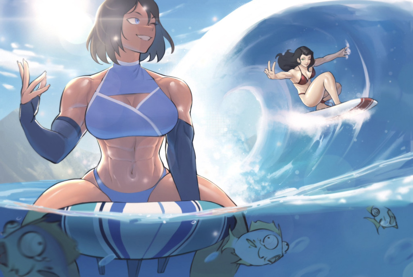 2girls asami_sato avatar_legends bikini bikini_girl canon_couple dark-skinned_female female fish interracial korra light-skinned_female nonbender surfboard surfing the_avatar the_legend_of_korra water_tribe yuri zukululuu