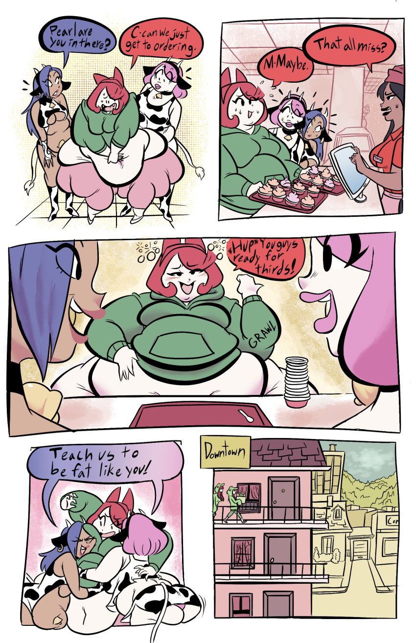 4girls bad_anatomy comic comic_page fat fat_rolls huge_belly huge_breasts joekie3wl multiple_girls oc onomatopoeia original_character pearl_(joekie3wl) stomach_noises thick_thighs weight_gain