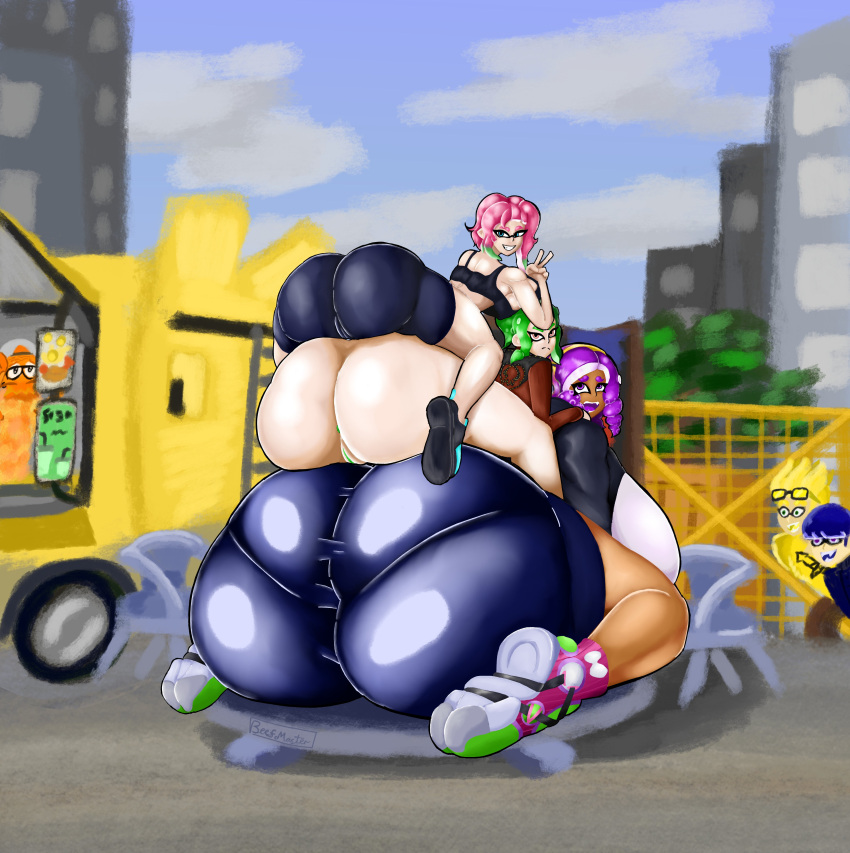 3boys 3girls ari_(skankingsalmonid) ass_bigger_than_head ass_focus ass_stack ass_tower backboob beefmaster big_ass big_breasts boob_window bottomless breasts_bigger_than_head clothed female huge_ass huge_breasts hyper_ass hyper_breasts inkling inkling_boy nintendo no_bra no_underwear octoling octoling_girl public public_exposure pussy_visible_through_clothes sideboob splatoon splatoon_2 splatoon_3 teasing topwear