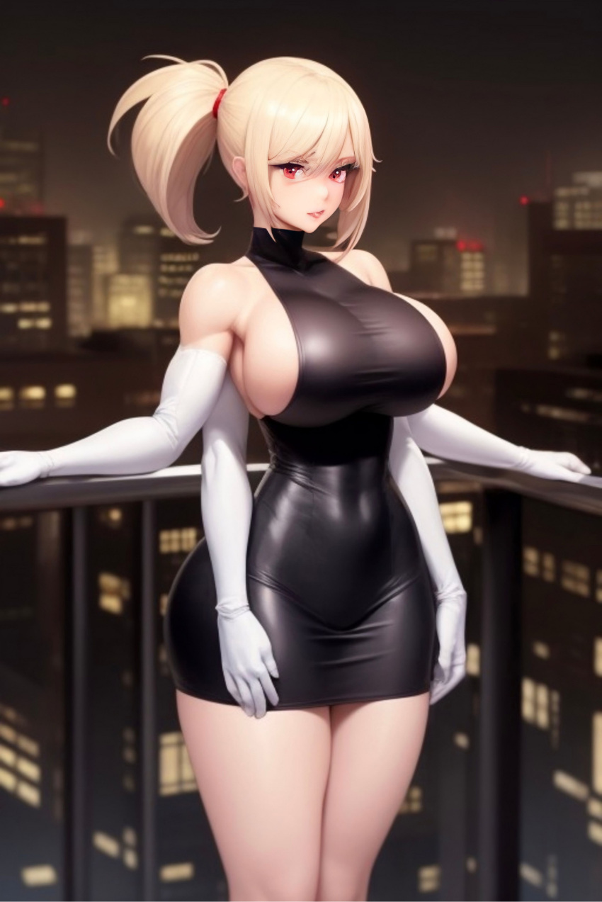 4_arms ai_generated biceps big_breasts black_dress blonde_hair city cityscape curvy female gloves klia_(tetra_ai) long_gloves multi_arm multi_limb night party sideboob sleeveless sleeveless_dress stable_diffusion tetra_ai tight_clothing tight_fit toned toned_female turtleneck