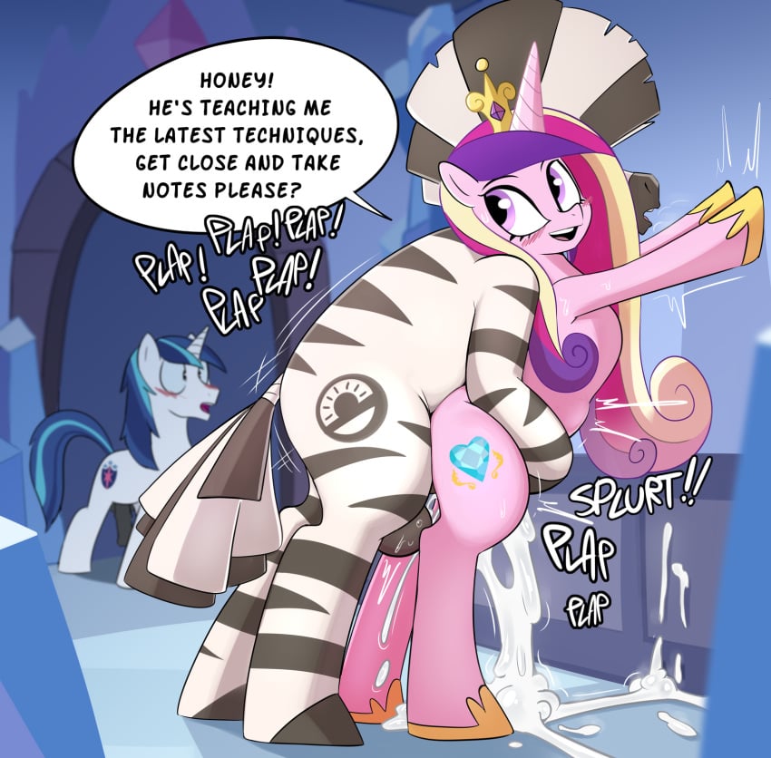 alicorn being_watched blush caught cheating cheating_wife cuckold cum english_text equine excessive_cum friendship_is_magic looking_back my_little_pony netorare ntr princess_cadance_(mlp) shining_armor_(mlp) spakka5 speech_bubble text unicorn zebra zebradom