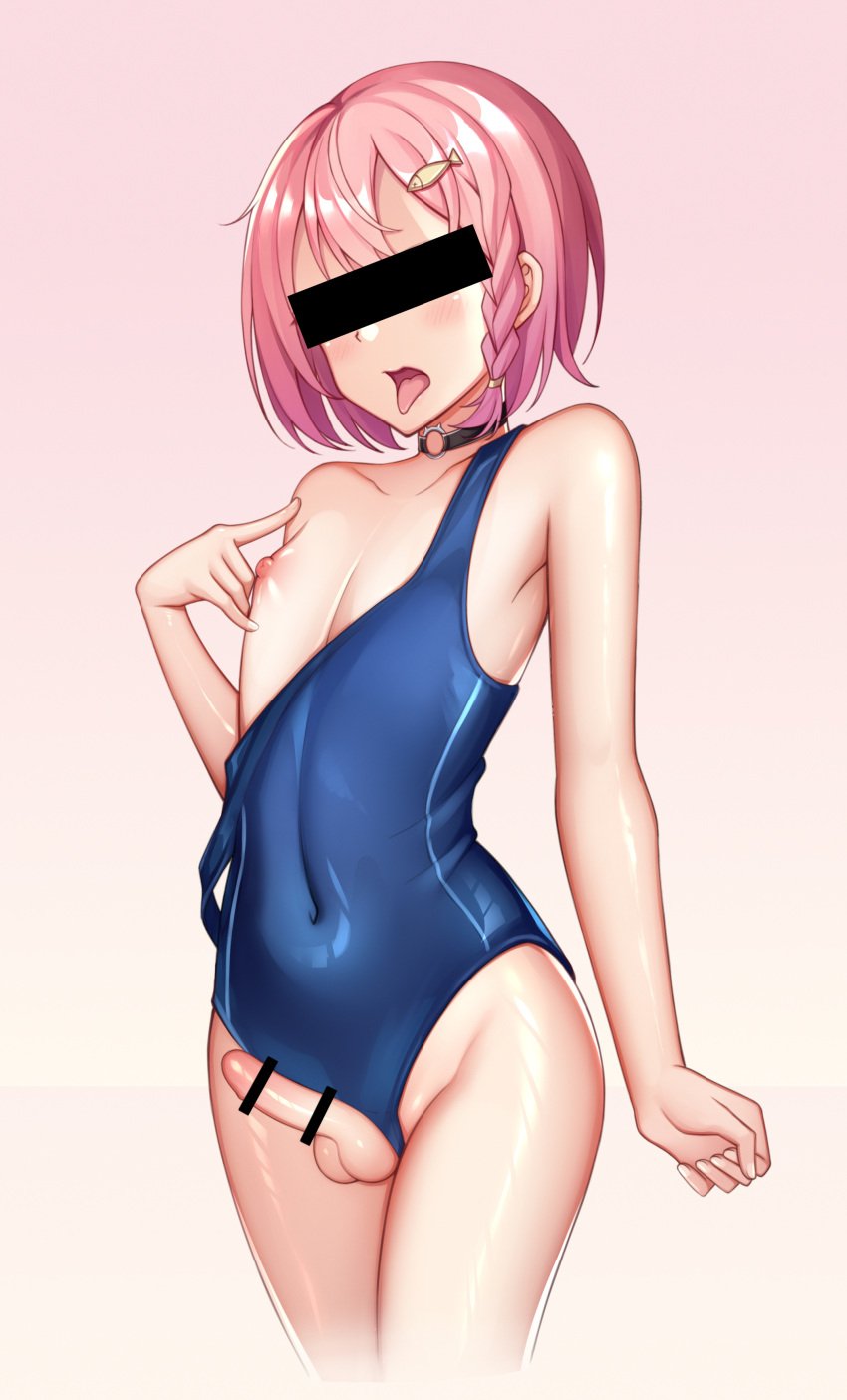 1boy absurdres blue_suit censored femboy fish_hair_ornament girly hair_ornament hand_on_own_chest hand_up head_tilt heterochromia highres male male_focus male_only medium_hair miharu_(971794372) navel nipples open_mouth original otoko_no_ko penis pink_background pink_eyes pink_hair school_uniform simple_background standing suit swimsuit tongue tongue_out trap yellow_eyes