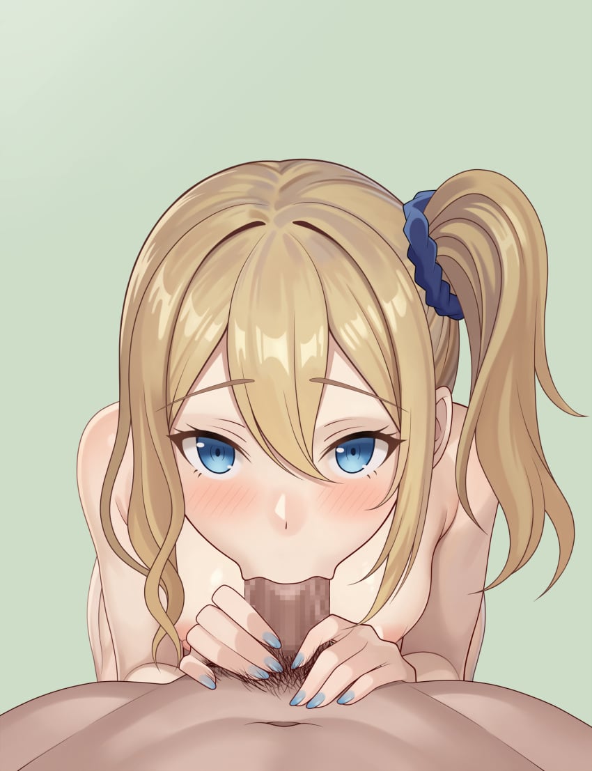 1boy blonde_hair blue_eyes blue_nails blue_scrunchie blush breasts censored completely_nude fellatio female from_above hayasaka_ai high_side_ponytail highres kaguya-sama_wa_kokurasetai_~tensai-tachi_no_renai_zunousen~ large_penis looking_at_viewer male_pubic_hair medium_breasts mosaic_censoring nail_polish nipples nude oral penis pov pov_crotch pubic_hair scrunchie simple_background straight vodka13