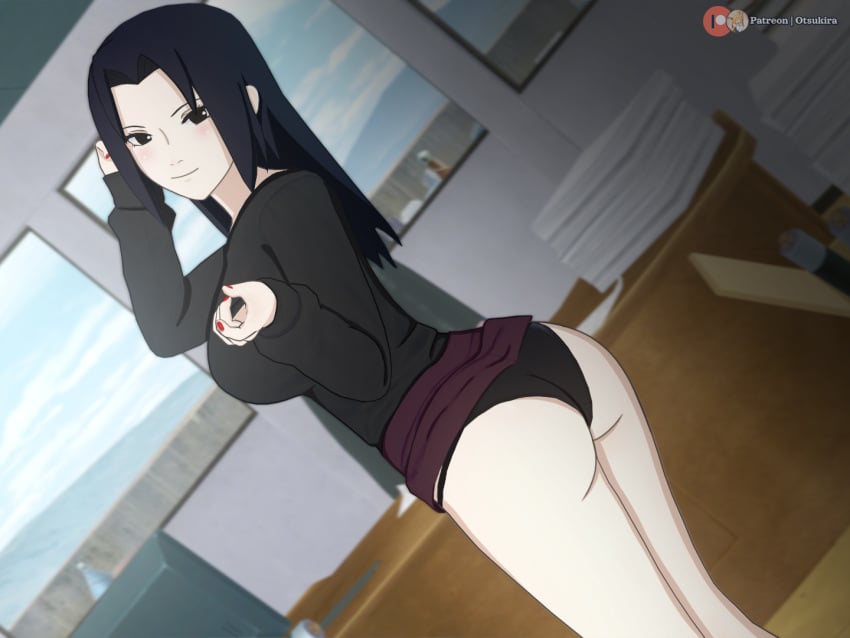 1girls ass big_ass big_breasts black_eyes black_hair boruto:_naruto_next_generations bottomless breasts female female_only hokage_office indoors koikatsu long_hair long_sleeve_shirt long_sleeves looking_at_viewer looking_back looking_back_at_viewer mature mature_female milf naruto naruto_(series) naruto_shippuden office otsukira patreon_username presenting presenting_ass skirt skirt_lift solo solo_focus uchiha_mikoto underwear url watermark web_address