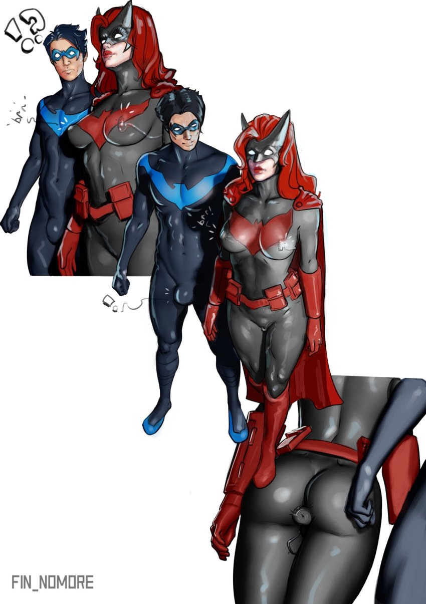 1boy 1girls batman_(series) batwoman dc dc_comics dick_grayson dildo female fin_nomore hidden_sex_toy human human_only kate_kane male nightwing sex_toy sex_toy_under_clothing superheroine