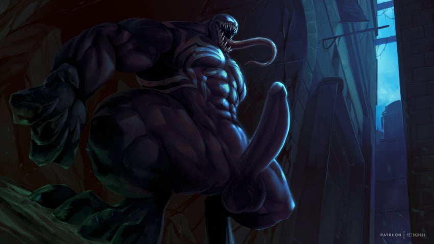 balls bara big_penis boner dark_body erection huge_cock long_tongue male male_only marvel marvel_comics metokuron muscles muscular nude penis sharp_teeth solo solo_male spread_legs squatting venom venom_(marvel)