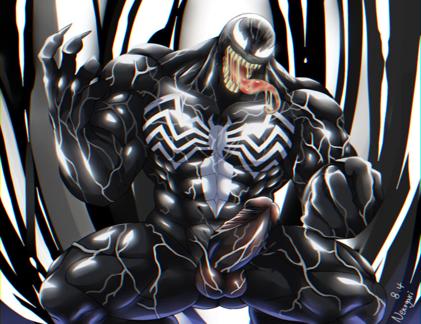 balls bara boner dark_body erection long_tongue male male_only marvel marvel_comics muscles muscular nekogaki0324 nude penis sharp_teeth solo solo_male spread_legs venom venom_(marvel)