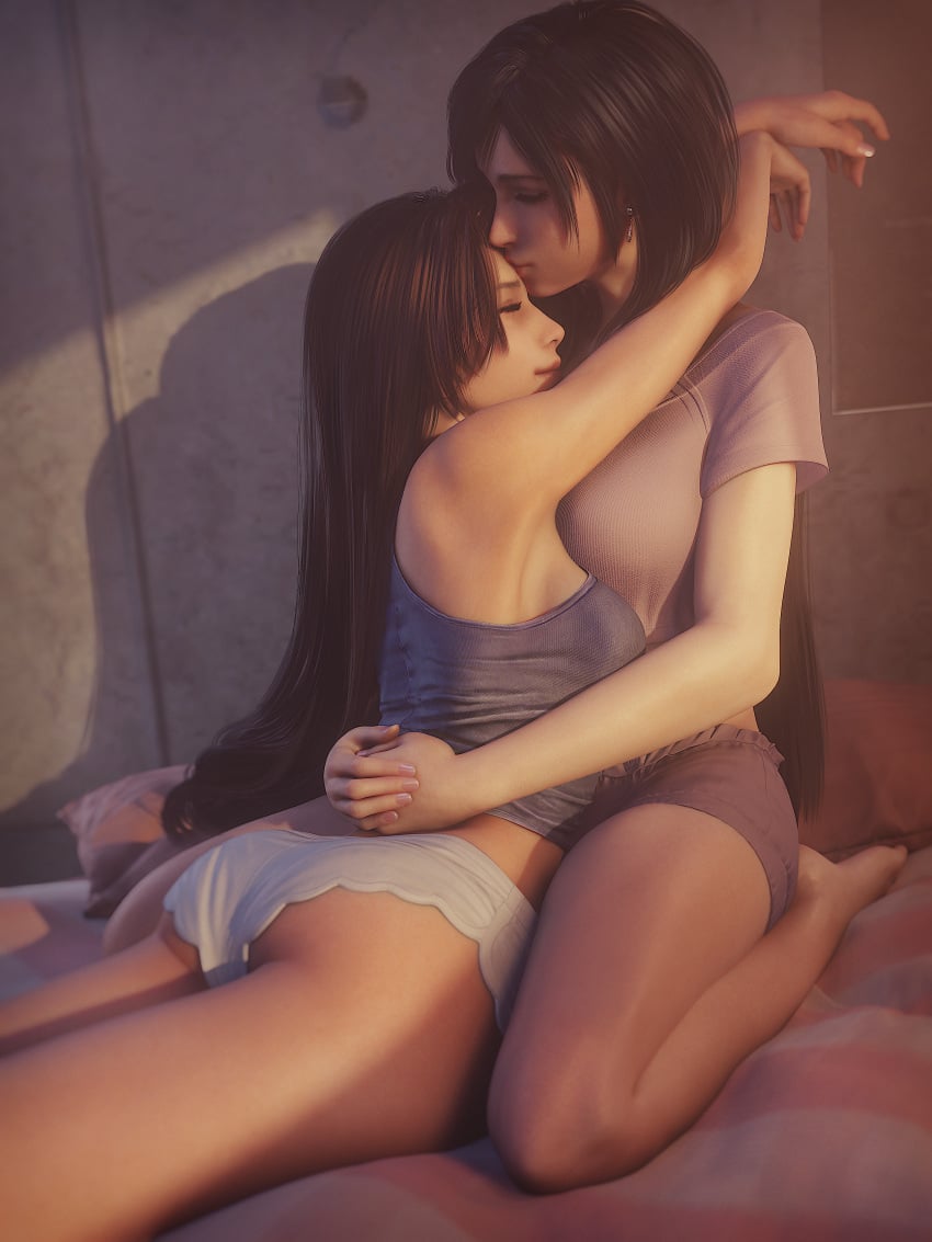 2girls 3d 3d_(artwork) bedroom black_hair blender_(software) breasts cuddling earrings female female_only final_fantasy final_fantasy_vii final_fantasy_vii_remake happy highres hug jessie_rasberry kissing kissing_forehead legs long_hair on_bed pillow ria-neearts sitting smile square_enix thighs tifa_lockhart wholesome yuri